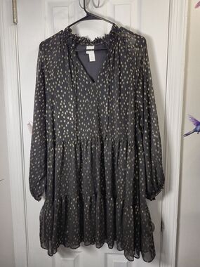 H&M Black & Gold Metallic Clip Dot Tiered Mini Dress US 6